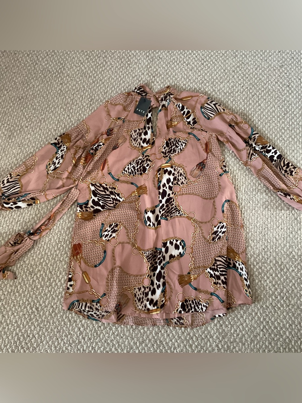 Fate Rose Pink Chain & Leopard Print Long Sleeve Tunic Dress